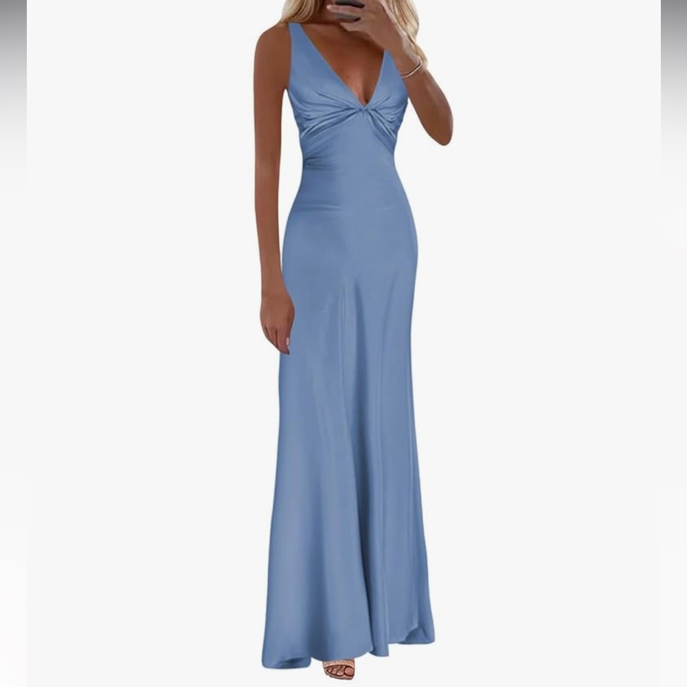 🆕 Halter Silk Prom Wedding Bridesmaid Long Satin Dress Blue Evening Maxi Gown